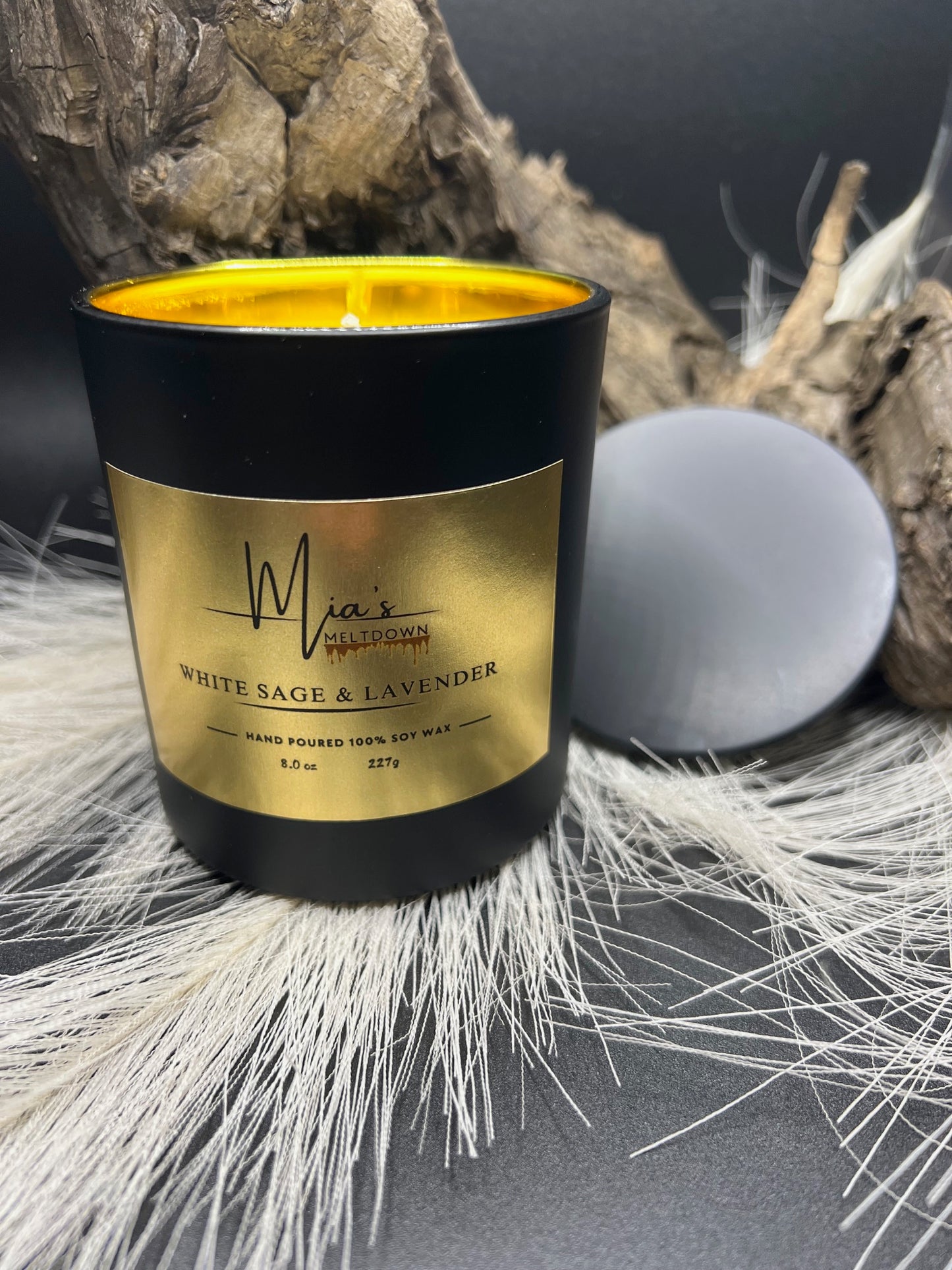 White Sage & Lavender Fragrance Soy Wax Candle, 8 oz (Black & Gold)